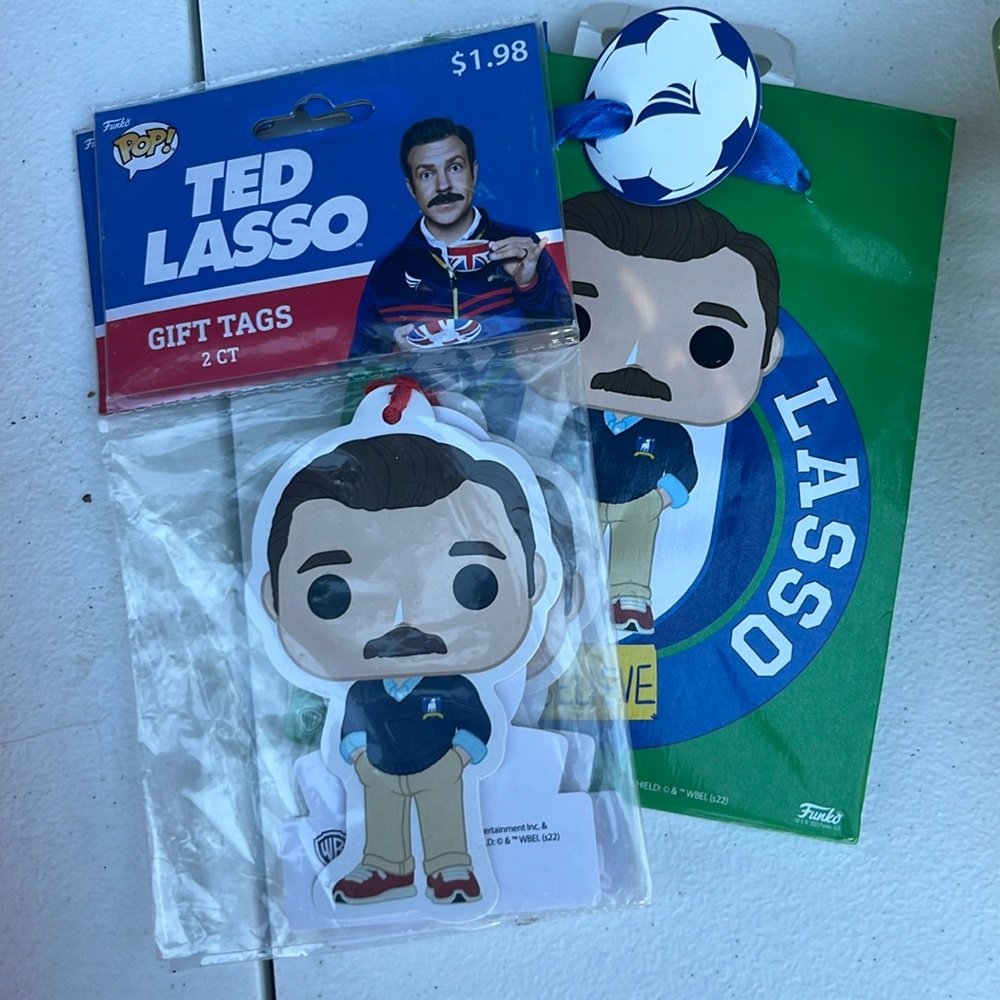 2 Packs of 2 Ted Lasso Gift Tags by Funko Pop and small gift bag